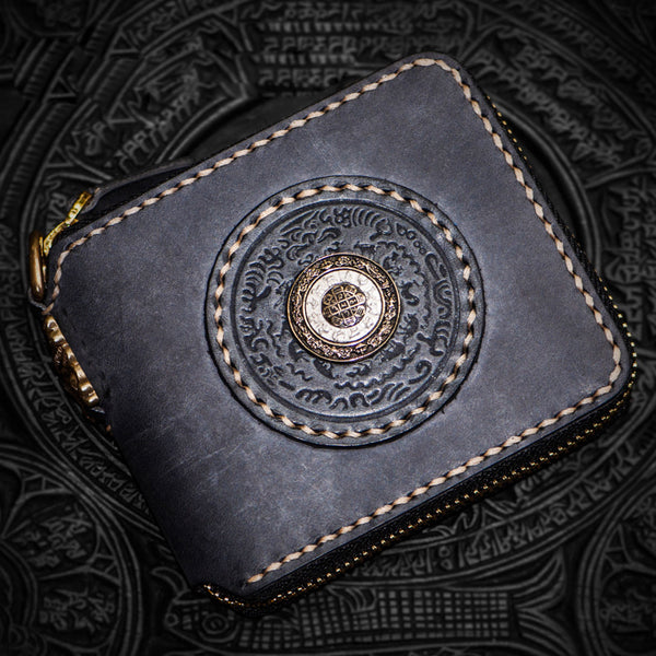 Handmade Leather Tibetan Mens billfold Wallet Cool Chain Wallet Biker Wallet for Men