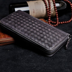Handmade Leather Mens Cool Long Leather Wallet Card Wallet Clutch Wristlet Wallet for Men