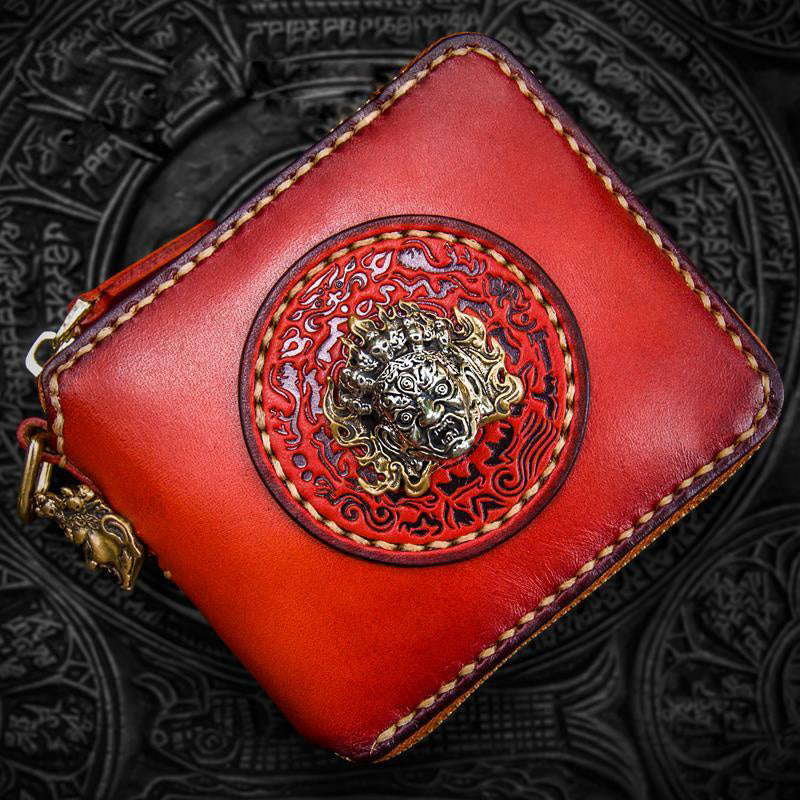 Handmade Leather Small Tooled Mens billfold Wallet Cool Chain Wallet Biker Wallet for Men