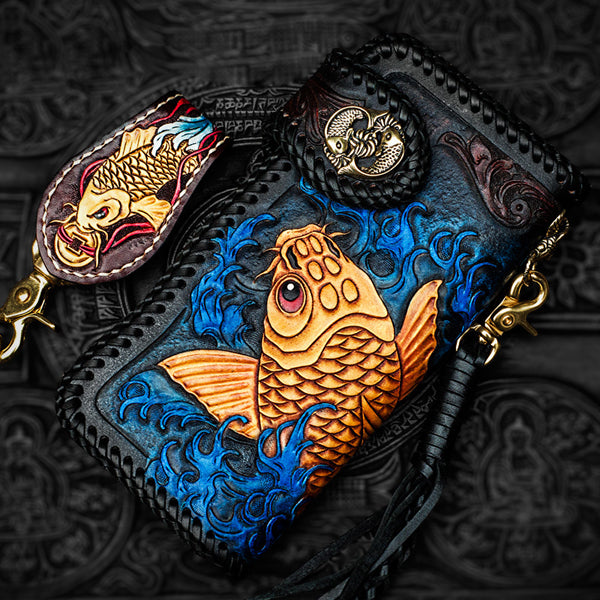Handmade Leather Tooled Carp Mens Chain Biker Wallet Cool Leather Wallet Long Phone Wallets for Men