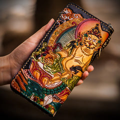Handmade Leather Tooled Yellow Jambhala Mens Chain Biker Wallet Cool Leather Wallet Zipper Long Phone Wallets for Men