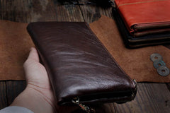 Handmade Leather Mens Cool Long Leather Wallet Slim Zipper Clutch Wristlet Wallet for Men