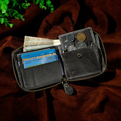 Handmade Leather Mens Cool Zipper Leather Wallet Card Wallet Men Small Wallets Bifold for Men