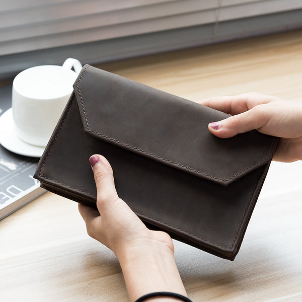 Handmade Leather Mens Clutch Cool Large Wallet Clutch Wristlet Wallet for Men