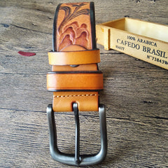 Handmade Genuine Leather Tooled Garden Tulip Mens Leather Men Belt for Men Cool Leather Belt
