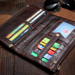 Handmade Leather Mens Cool Long Leather Wallet Slim Zipper Clutch Wristlet Wallet for Men