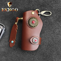 Handmade Leather Floral Mens Cool Car Key Wallet Coin Wallet Pouch Car KeyChain for Men