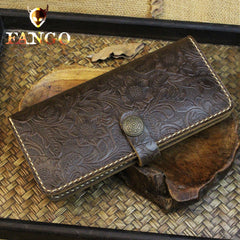 Handmade Leather Floral Mens Cool Travel Long Wallet Card Holder Card Slim Clutch Wallets for Men
