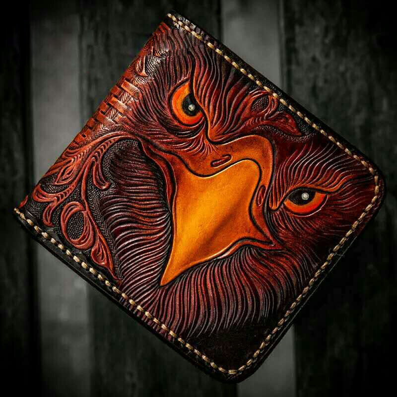 Handmade Leather Eagle Tooled Mens billfold Wallet Cool Leather Wallet Slim Wallet for Men