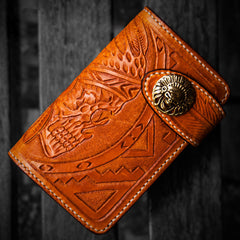 Handmade Leather Skull Indian Chief Tooled Mens billfold Wallet Cool Chain Wallet Biker Wallet for Men