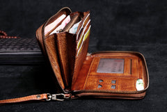 Handmade Leather Mens Cool Long Leather Wallet Card Wallet Clutch Wristlet Wallet for Men