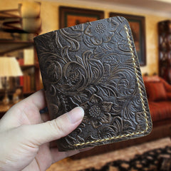 Handmade Leather Floral Mens Cool Slim Leather Wallet Men billfold Wallets Bifold for Men