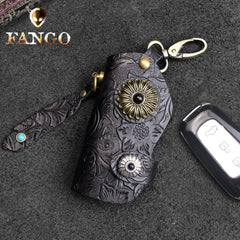 Handmade Leather Floral Mens Cool Car Key Wallet Coin Wallet Pouch Car KeyChain for Men