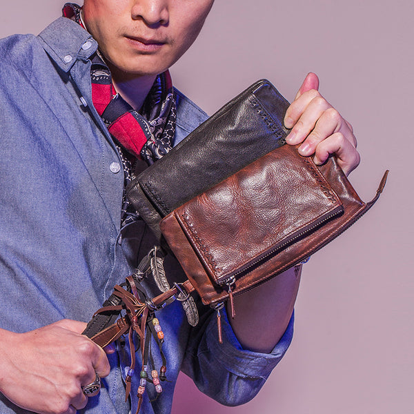 Handmade Mens Cool Long Leather Chain Wallet Cards Biker Trucker Wristlet Wallet - iwalletsmen