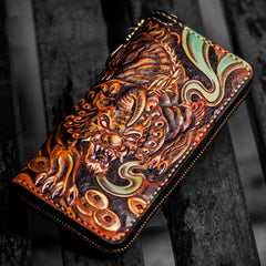 Handmade Leather Mens Tooled Monster Chain Biker Wallet Cool Leather Wallet Long Clutch Wallets for Men