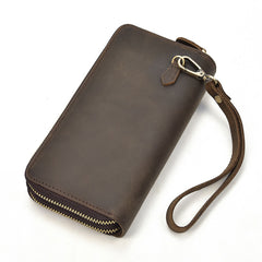 Handmade Leather Mens Cool Long Leather Wallet Zipper Wristlet Bag Clutch Wallet for Men