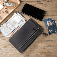 Handmade Leather Mens Clutch Wallet Cool Leather Wallet Zipper Phone Wallets for Men