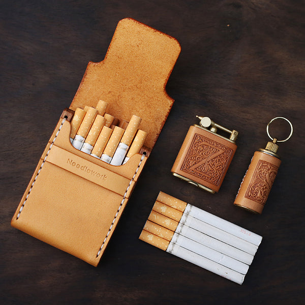 Handmade Wooden Leather Mens Cigarette Case Cool Beige Custom Cigarette Holder for Men - iwalletsmen