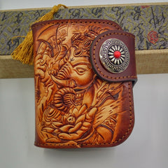 Handmade Leather Tooled Ganesha Mens Chain Biker Wallet Cool Leather Wallet Small Wallets for Men