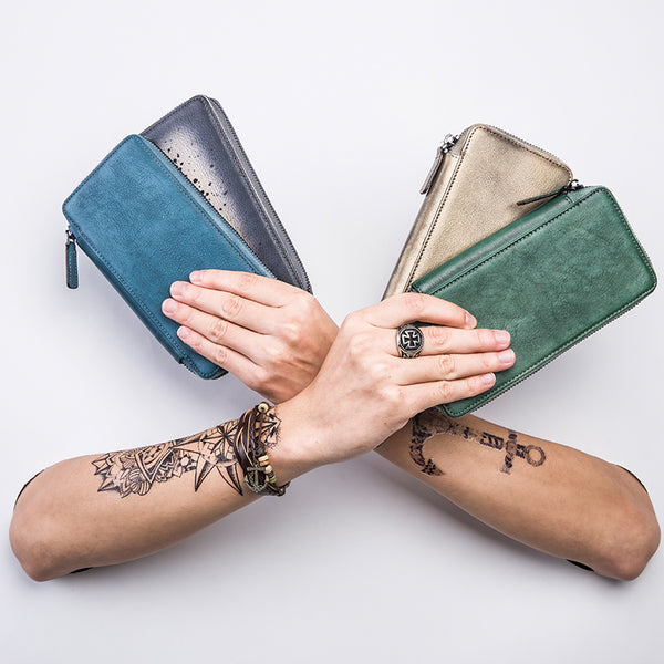 Handmade Leather Mens Cool Long Leather Wallet Bifold Zipper Clutch Wallet for Men - iwalletsmen