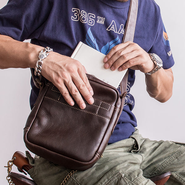 Genuine Leather Mens Cool Messenger Bag Sling Bag Chest Bag Bike Bag Cycling Bag for men