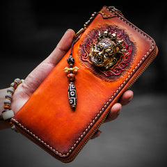 Handmade Leather Tooled Tibetan Mens Chain Biker Wallet Cool Leather Wallet Long Clutch Wallets for Men