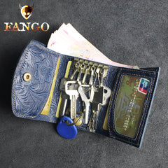 key holder wallet​ Blue Leather Wallet for Keys Mens Key Wallet Car Key Wallet Trifold Key Wallet Holder Key Case Wallet