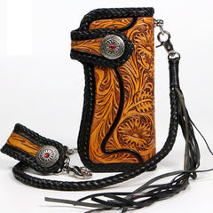 Handmade Mens Cool Tooled Floral Leather Chain Wallet Biker Trucker Wallet with Chain