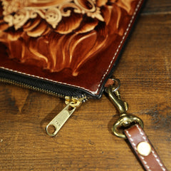 Handmade Leather Tooled Mens Cool Long Leather iPad Bag Wristlet Clutch Wallet for Men
