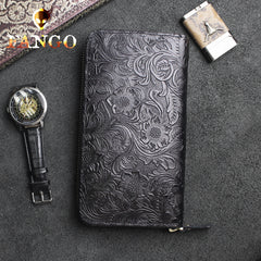 Handmade Leather Floral Mens Cool Travel Long Wallet Card Holder Card Slim Clutch Wallets for Men