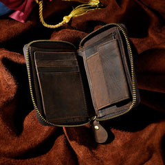 Handmade Leather Mens Cool Zipper Leather Wallet Card Wallet Men Small Wallets Bifold for Men