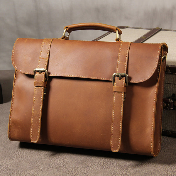 Genuine Leather Vintage Coffee Brown Mens Briefcase Messenger Bag Work Bag Business Bag for Men