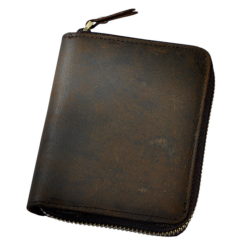 Handmade Leather Mens Cool Zipper Leather Wallet Card Wallet Men Small Wallets Bifold for Men