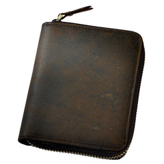 Handmade Leather Mens Cool Zipper Leather Wallet Card Wallet Men Small Wallets Bifold for Men
