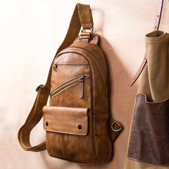 Leather Mens Cool Sling Bag Brown Crossbody Bag Chest Bag for men