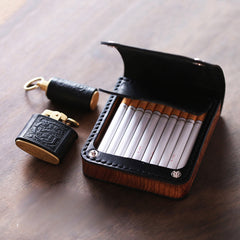 Handmade Wooden Coffee Leather Mens 20pcs Cigarette Case Cool Custom Cigarette Holder for Men - iwalletsmen