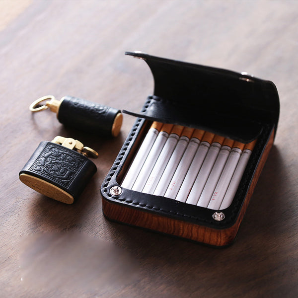 Handmade Wooden Black Leather Mens 20pcs Cigarette Case Cool Custom Cigarette Holder for Men - iwalletsmen