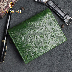 Handmade Leather Floral Mens Cool Slim Leather Wallet Men billfold Wallets Bifold for Men