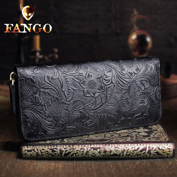 Handmade Leather Floral Mens Cool Travel Long Wallet Card Holder Card Slim Clutch Wallets for Men