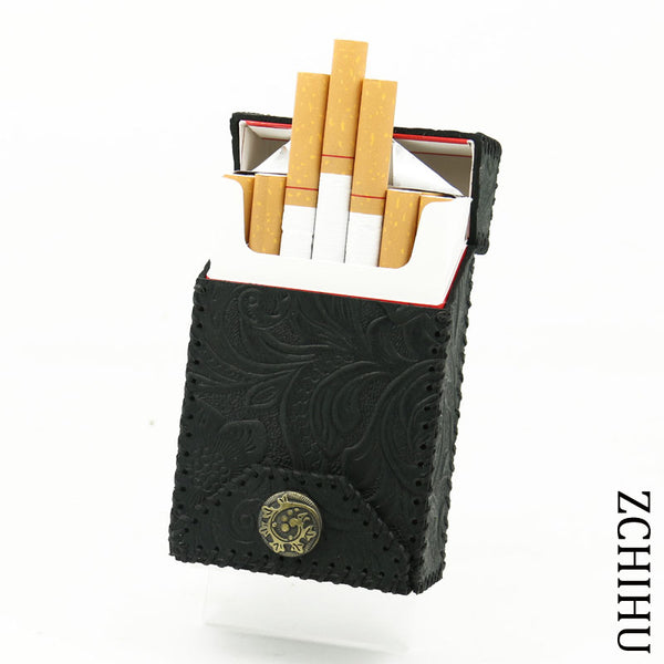 Handmade Cool Leather Mens Black Engraved Cigarette Holder Case Cigarette Holder for Men - iwalletsmen
