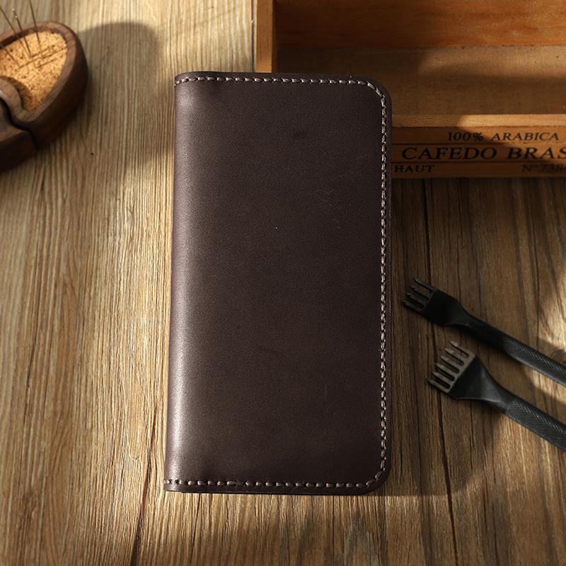 Coffee Leather Mens Bifold Long Wallets Personalized Handmade Coffee Travel Leather Wallet for Men - iwalletsmen