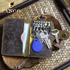 Handmade Leather Floral Mens Cool Key Wallet Wallet Card Holder Small Card Keychain Wallets for Men