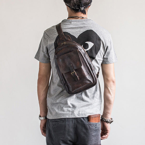 Genuine Leather Mens Cool Chest Bag Sling Bag Crossbody Bag Travel Bag Hiking Bag for men - iwalletsmen