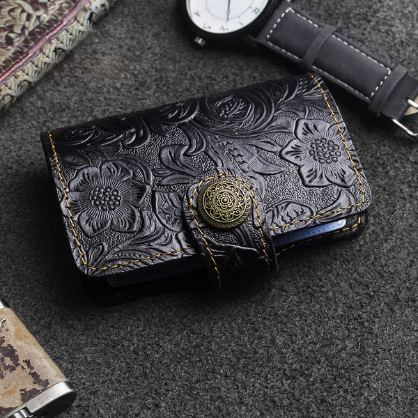 Handmade Leather Floral Mens Cool billfold Wallet Card Holder Small Card Slim Wallets for Men