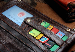 Handmade Leather Mens Cool Long Leather Wallet Slim Zipper Clutch Wristlet Wallet for Men
