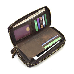 Handmade Leather Mens Cool Long Leather Wallet Zipper Wristlet Bag Clutch Wallet for Men