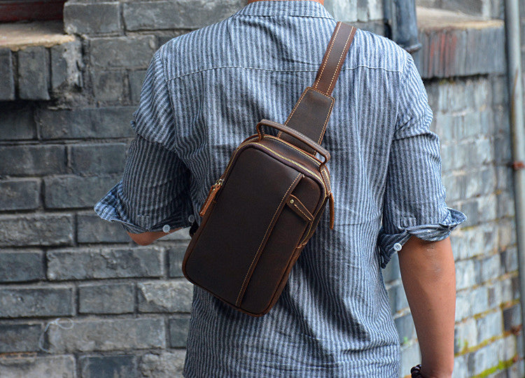 Genuine Leather Mens Cool Chest Bag Sling Bag Crossbody Bag Travel Bag