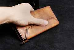 Genuine Leather Mens Cool Long Leather Wallet Card Wallet Clutch Wristlet Wallet for Men