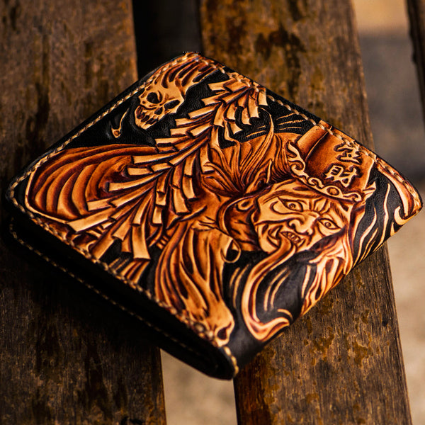 Handmade Leather Chinese Black&White Tooled Mens billfold Wallet Cool Leather Wallet Slim Wallet for Men