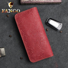 Handmade Leather Floral Mens Cool Travel Long Wallet Card Holder Card Slim Clutch Wallets for Men